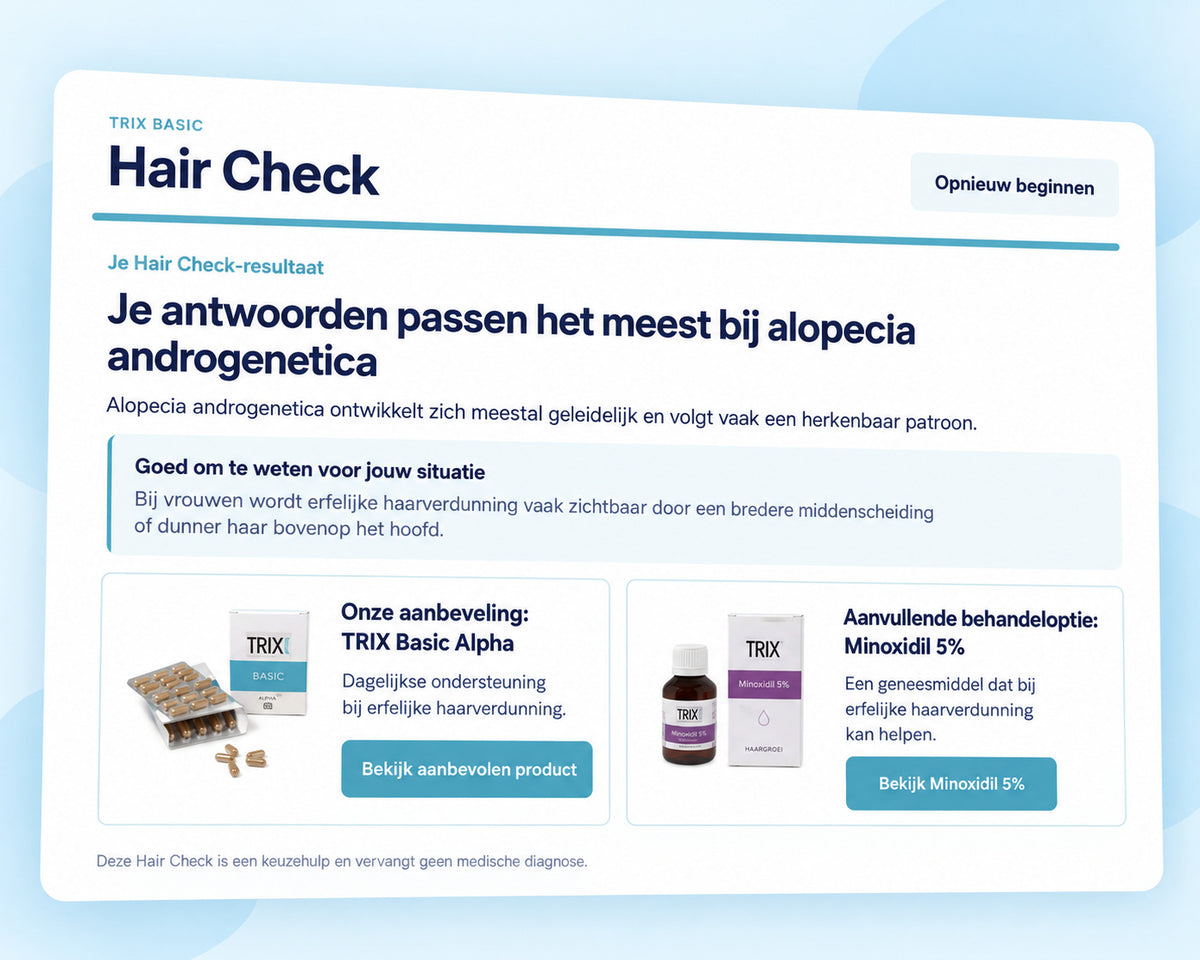 TRIX Basic Hair Check-resultaat voor alopecia androgenetica met persoonlijke informatie en productopties.