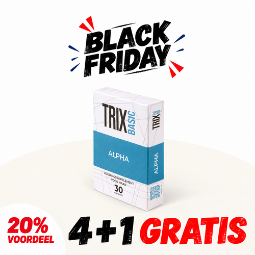 TRIX Basic Alpha Black Friday aanbieding: 4 verpakkingen plus 1 gratis, met 20% voordeel.
