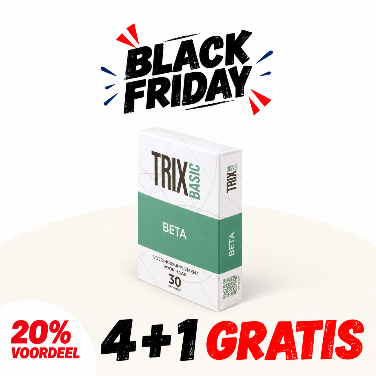 TRIX Basic Beta Black Friday aanbieding: 4 verpakkingen plus 1 gratis, met 20% voordeel.