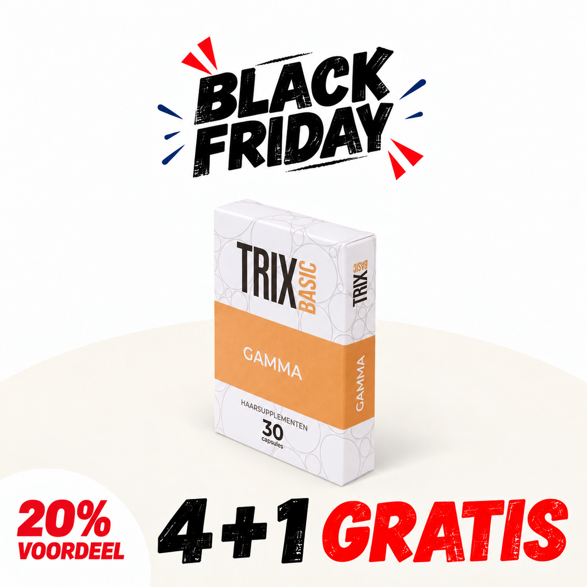 TRIX Basic Gamma Black Friday aanbieding: 4 verpakkingen plus 1 gratis, met 20% voordeel.