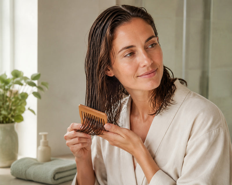 Woman gently detangling damp hair with a wide-toothed comb